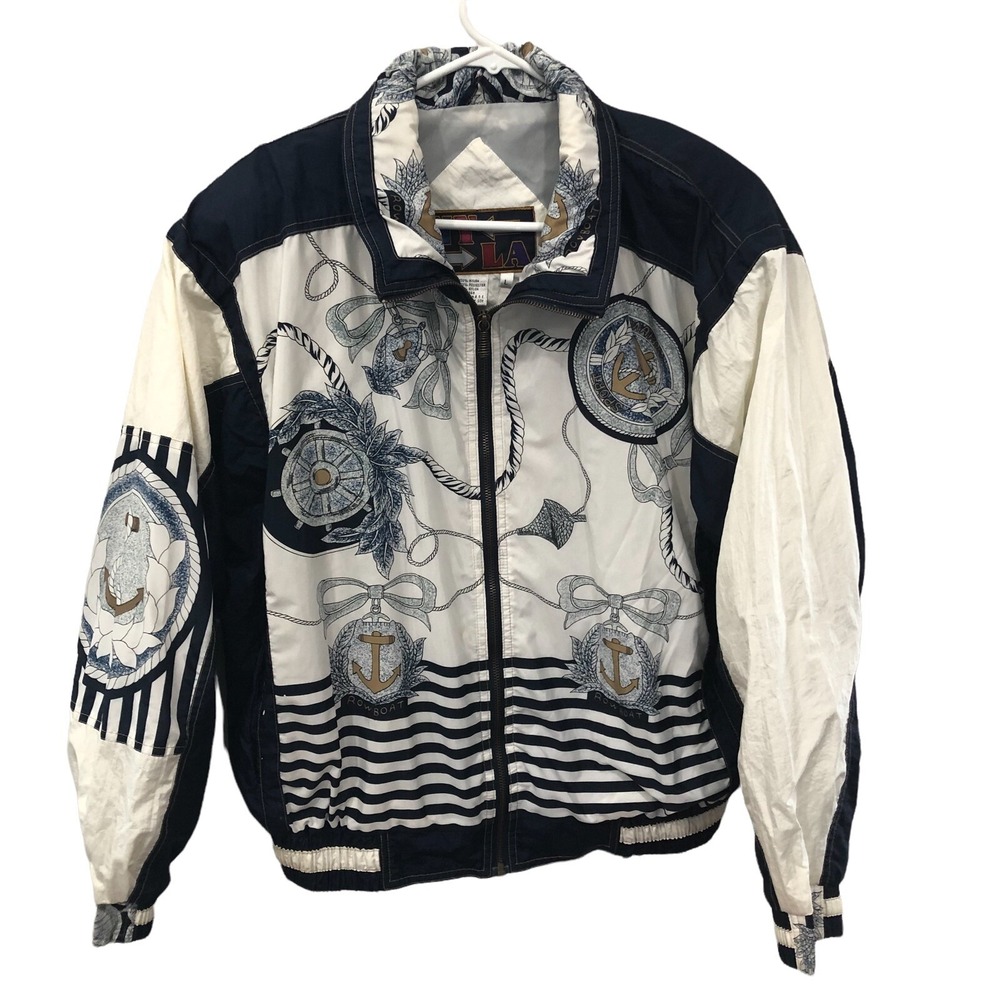 Vintage 90's Nylon Sailing Nautical Windbreaker Jacket Blue Gold White Women's L